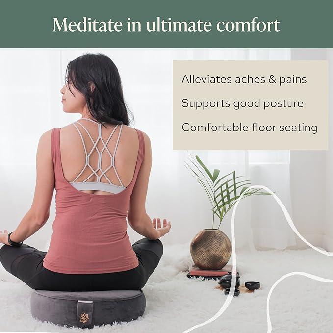 Mindful Modern Velvet Meditation Cushion | Luxe Zafu Yoga Floor Pillow Seat | Posture Support | Buckwheat Hull Filled | Large Round Cushion with Removable Washable Cover + Carry Handle