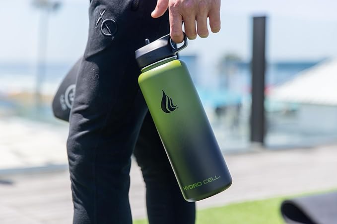 HYDRO CELL Stainless Steel Insulated Water Bottle with Straw - For Cold & Hot Drinks - Metal Vacuum Flask with Screw Cap and Modern Leakproof Sport Thermos for Adults (Army/Black 40oz)