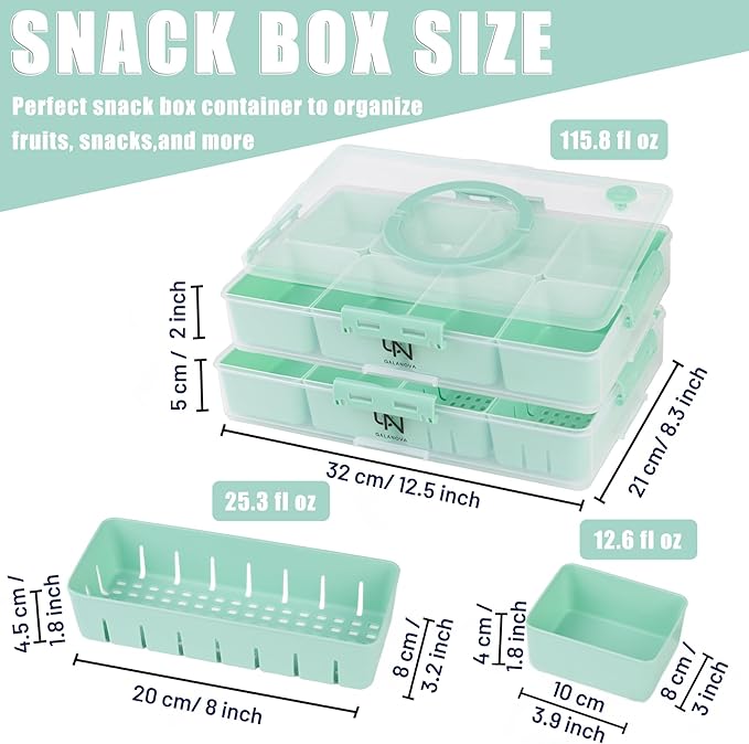 Stackable Snackle Box Container with 2 Lids - BPA-Free Snackle box Organizer, Dishwasher & Microwave Safe Reusable Snacklebox for Veggies, Fruits, Charcuterie, Snacks (Green, 2 Pack)