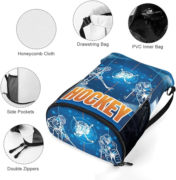 Hockey Drawstring Backpack - Cool Cinch Sack, String Backpacks with Pocket for Kids Women Men Boys Girls for Gym Outdoor Sports Travel Athletic Drawstring Bag - Lightweight/Foldable