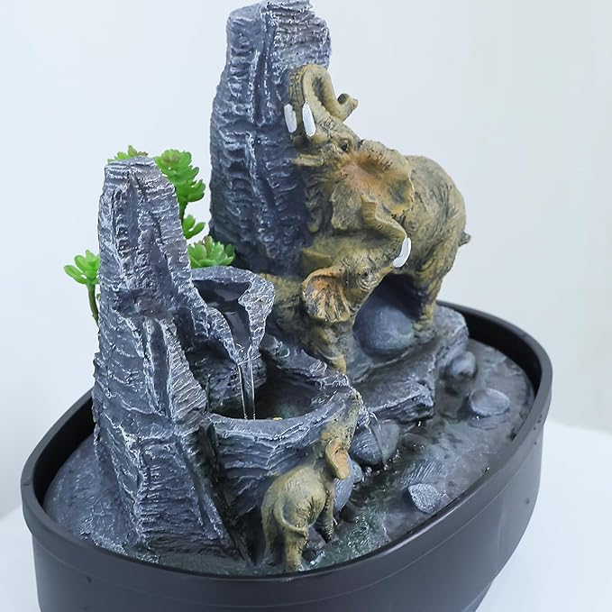 Elephant Tabletop Fountain with Cascading Rocks & LED Lights, Zen Indoor Water Feature for Living Room/Office/Bedroom, Multi-Room Home Decor and Elephant Lover Gift (10.8" H)