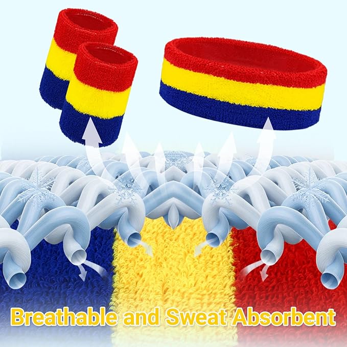 24 Pcs Neon Sweatbands Set Include 8 Pcs Sports Headband and 16 Pcs Cotton Wristbands 80s Neon Sweat Bands Bulk for Gym, Tennis, Basketball, Running, Exercise