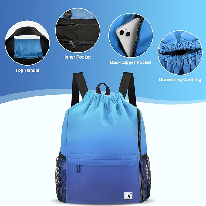 Drawstring Backpack with Mesh Pockets String Gym Bag Sackpack Sandproof Water Resistant Beach Backpack for Men Women