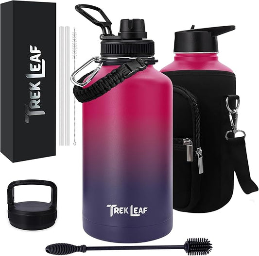 Travel Water Bottle with Carrying Bag, 3 Lids (Spout, Straw, Handle), and Bottle Brush; Leak Proof, Quality, Vacuum Insulated, Stainless Steel (Mixed Berry, 64 oz)