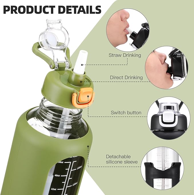 64 oz Glass Water Bolttles with Straw Half Gallon Large Motivational Water Bottle with Time Marker Sports Water Bottles with Silicone Sleeve and Handle Lid Water Jug for Gym Workout