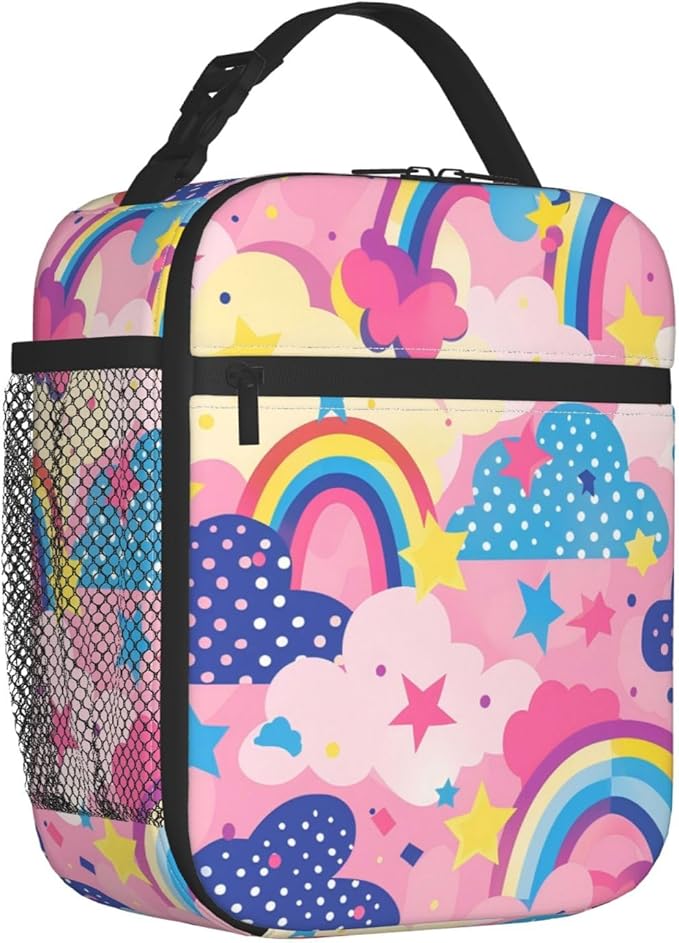 Colorful Rainbow Print Insulated Lunch Box Gifts for Kids Adults Cute Pink Cloud and Polka Dot Design Reusable Portable Lunchbox Cooler Lunchbag for Work Picnic School Travel or Hiking