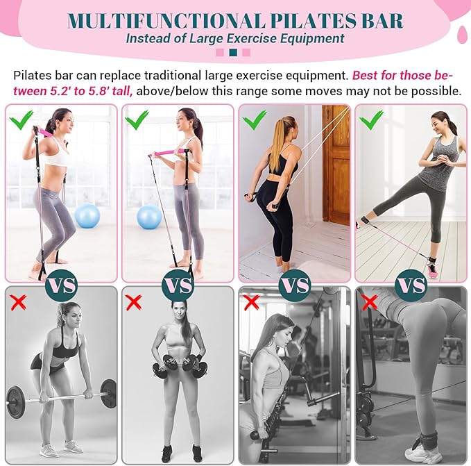 Pilates Bar Kit with Resistance Bands, Multifunctional Yoga Pilates Bar with Heavy-Duty Metal Adjustment Buckle, Portable Home Gym Pilates Resistance Bar Kit for Women Full Body Workouts
