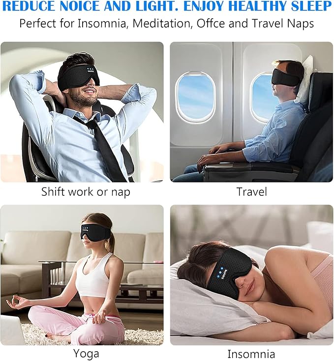 Sleep Headphones, Sleep Mask Bluetooth Wireless Music Eye Mask, Sleeping Headphones for Side Sleepers Sleep Mask with Bluetooth Headphones Ultra-Thin Stereo Speakers for Sleeping (Black)
