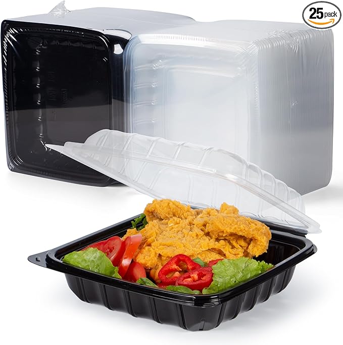 YANGRUI Takeout Containers 8" 34 oz 25 Pack - Steam Resistant Clamshell Lid | Shrink Wrap BPA Free PP Plastic | Reusable Heavy Duty Freezer & Microwave Safe | Restaurant 3 Compartment Food Container