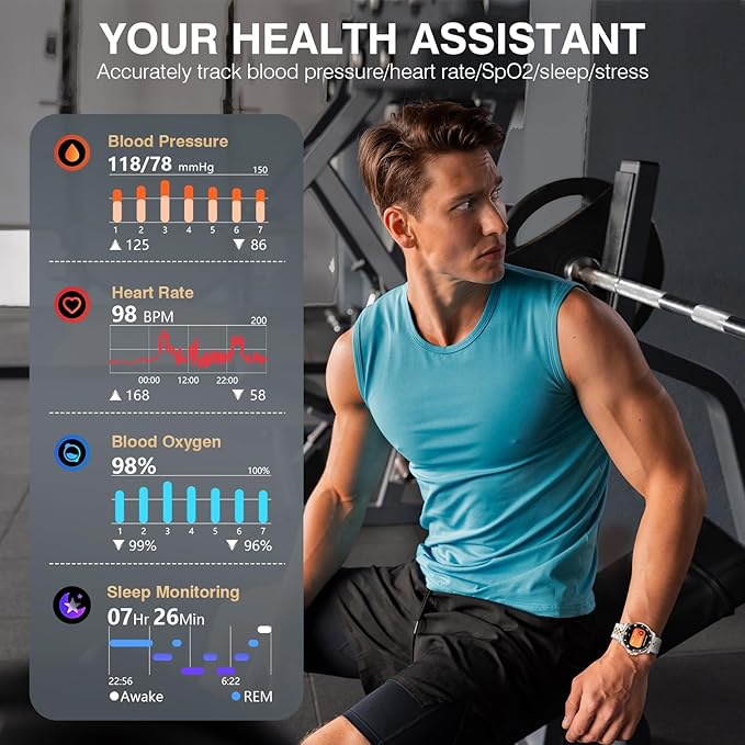 2025 DA GPT Smart Watch with Bluetooth Call,1.19-inch AMOLED Display, 24/7 Heart Rate, Blood Oxygen, Blood Pressure, Sleep Monitor, 107 Sports Fitness Tracker, Compatible Android and iOS Silver Gold