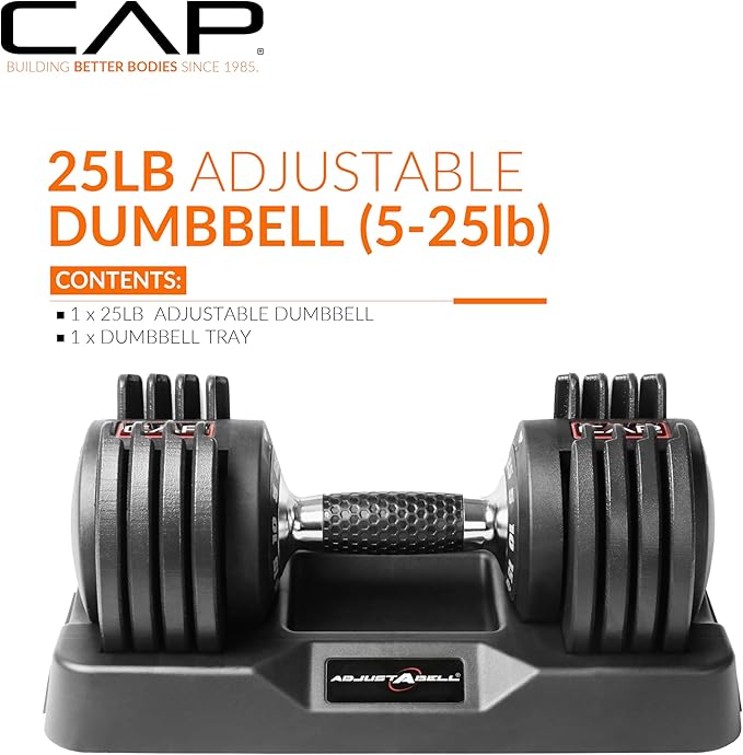 CAP Barbell ADJUSTABELL Adjustable Round Dumbbell Weights - Singles & Pairs | 12.5 lb, 25 lb & 55 lb | Multiple Handle Options