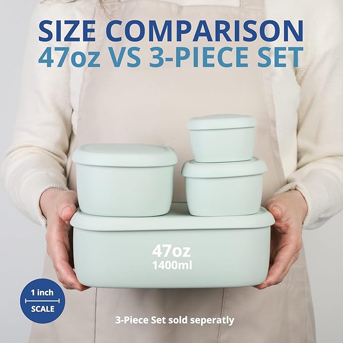 BLUE GINKGO Nesting Silicone Containers - Large Silicone Food Storage Container | BPA Free, Airtight, Dishwasher and Freezer Safe (47.5 oz) - Green