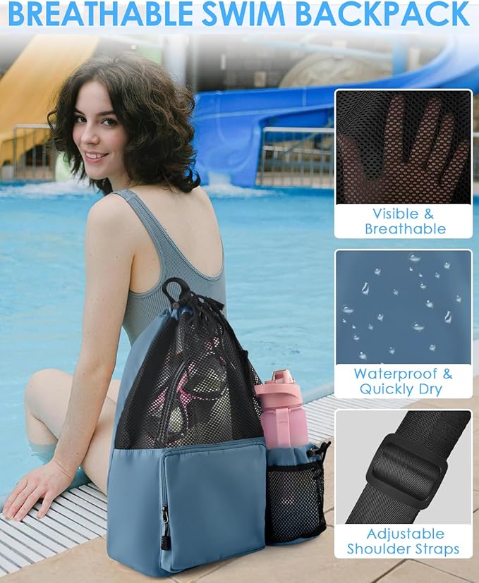 BROTOU Swim Bag Beach Backpack with Wet Pocket Mesh Drawstring Bags for Swimming, Gym