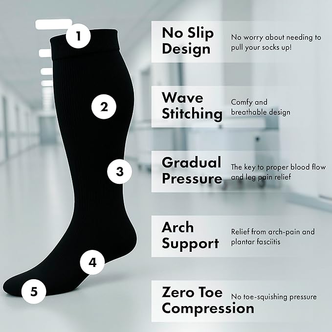 Compression Socks - Unisex, 20-30mmHg, Black, Solid, Medical Compression, Nurses, Athletes, Active Individuals