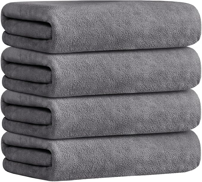 JML Microfiber Towels, Bath Towel Set 4 Pack, 27" x 55" - Super Absorbent, Fast Drying Bathroom Towel for Hair, Swimming, Fitness, Sport, Yoga -Grey