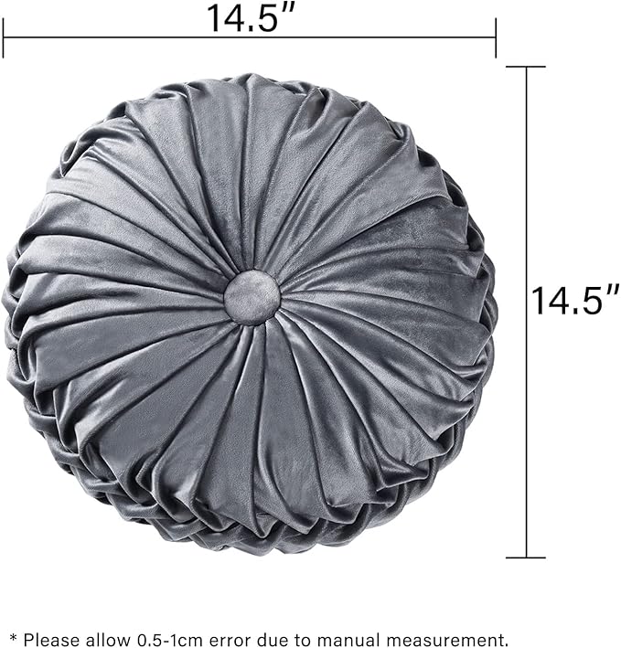 HIG Set of 2 Decorative Round Pleated Throw Pillows, Classy Accent Pumpkin Throw Pillows with Center Button, Vintage Velvet Floor Pillows for Sofa Vanity Chair Bed, Dark Gray, 14.5" Diameter(Ripple)