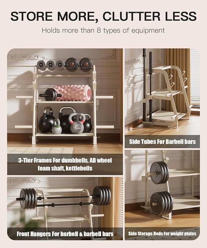 3-Tier Dumbbell Rack Stand Only - 700LB Heavy Duty Weight Storage Organizer with Thickened Steel Tube, Adjustable Weight Stand for Dumbbells, Barbells, Kettlebells, Black/Beige