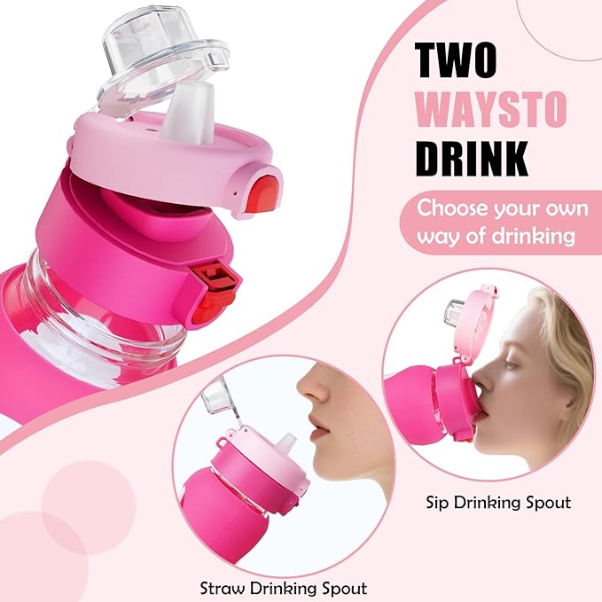 ANOTION 24OZ Glass Water Bottle, Large Sports Water Bottle with Dual-Drink Lid Clear Leakproof Glass Bottles with Straw, Motivational Jug with Silicone Sleeve and Time Marker for Travel Gym-Pink