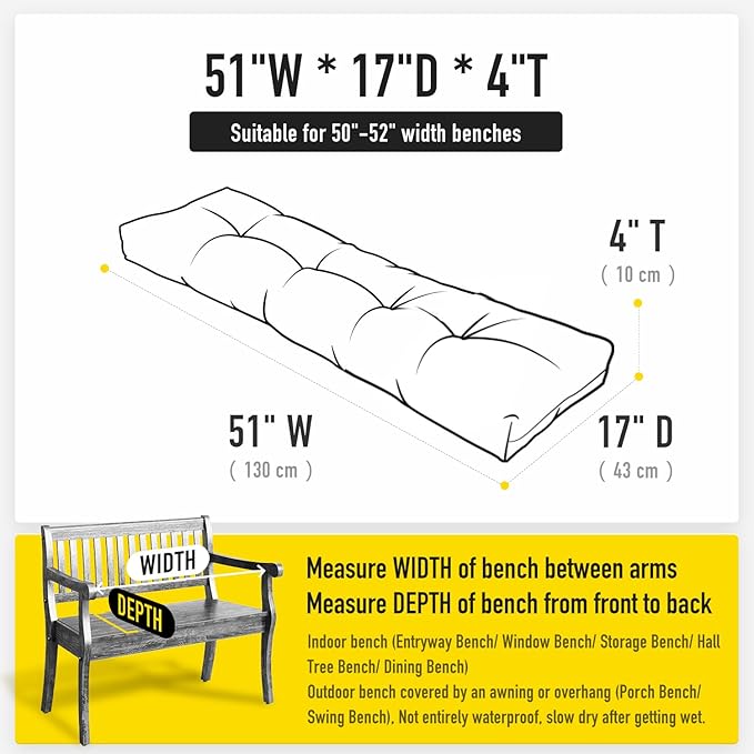 SUNROX LokGrip Non Slip Tufted Memory Foam Bench Cushion, FadeShield Water Resistant Durable Thicken Outdoor/Indoor Bench Seat Pads 51x16x4 inch, Heather Grey
