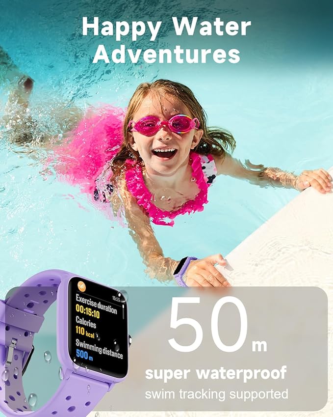 BIGGERFIVE Smart Watch for Kids Without APP, Fitness Tracker Watch Pedometer, Heart Rate, 5ATM Waterproof, Sleep Monitor, Calorie Step Counter, Games, Alarm Clock for Girls 5-14, Porous Lilac