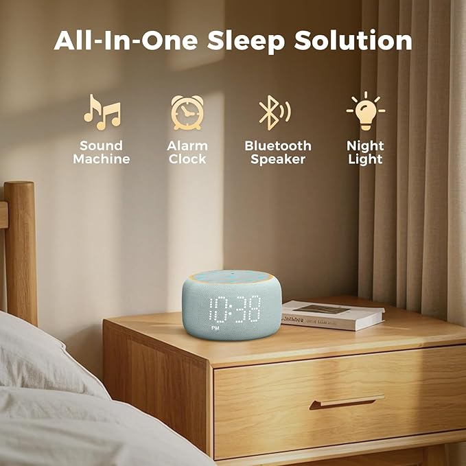 White Noise Machine Alarm Clock: Auto-Dimmable Clock for Bedrooms - 5W Stereo Bluetooth Speaker - Sound Machine with 24 Sleep Sounds for Adults Kids