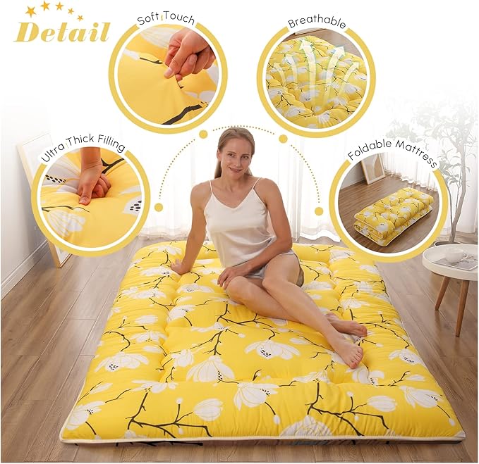 Japanese Floor Mattress, Futon Mattress with Portable Storage Bag and Washable Cover, Roll Up Thick Tatami Mat Suitable for Camping, Guest Room, Yellow Flower, Full