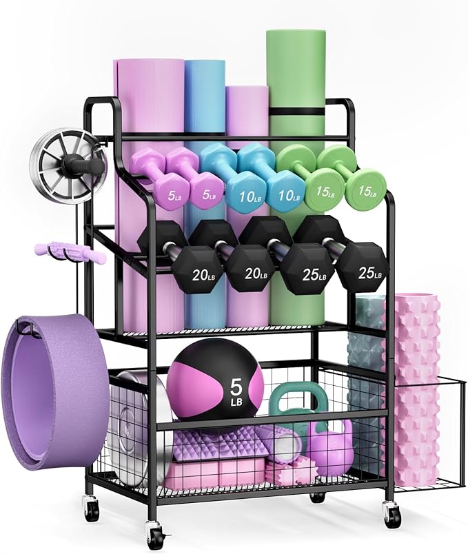 Weight Rack Storage for Home Gym, Adjustable Dumbbell Stand Organizer with Wheels and Hooks, Workout Equipment Organizer Holds Yoga mats, Kettlebells, and Fitness Accessories