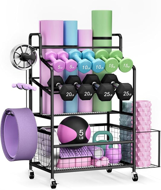 Weight Rack Storage for Home Gym, Adjustable Dumbbell Stand Organizer with Wheels and Hooks, Workout Equipment Organizer Holds Yoga mats, Kettlebells, and Fitness Accessories