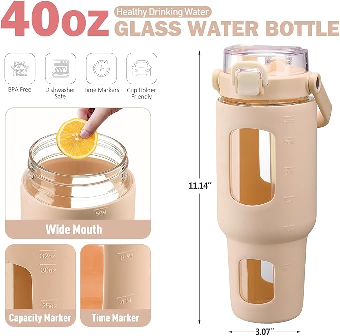 BLUEGO 40 oz Glass Water Bottles with Straw Time Marker, Glass Tumbler with Handle Top Lids, Easy to Clean, Fits in Car Cup Holder, Leakproof Jug for Gym, Sports, Workout & Daily, Amber