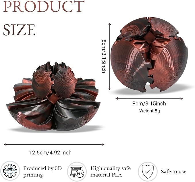 Gear Ball, 3D Printed Gear Ball, Gear Sphere Fidget Toy Stress Relief Toy for ADHD, Anxiety Relaxing Toy for Adults at Work/Study/Travel (RedBlack, TwistedLine)