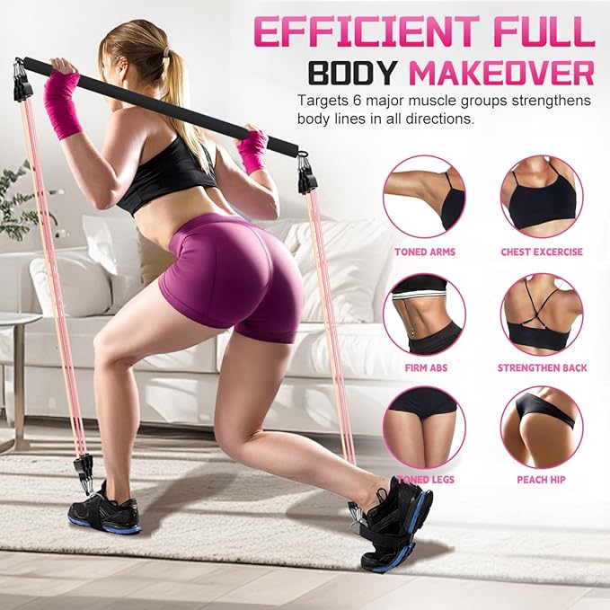 VEICK Pilates Bar Kit with Resistance Bands, Elastic Workout Bands for Men and Women, Set of 5 Resistance Loop Bands for Home Fitness, Stretching, Strength Training, Physical Therap