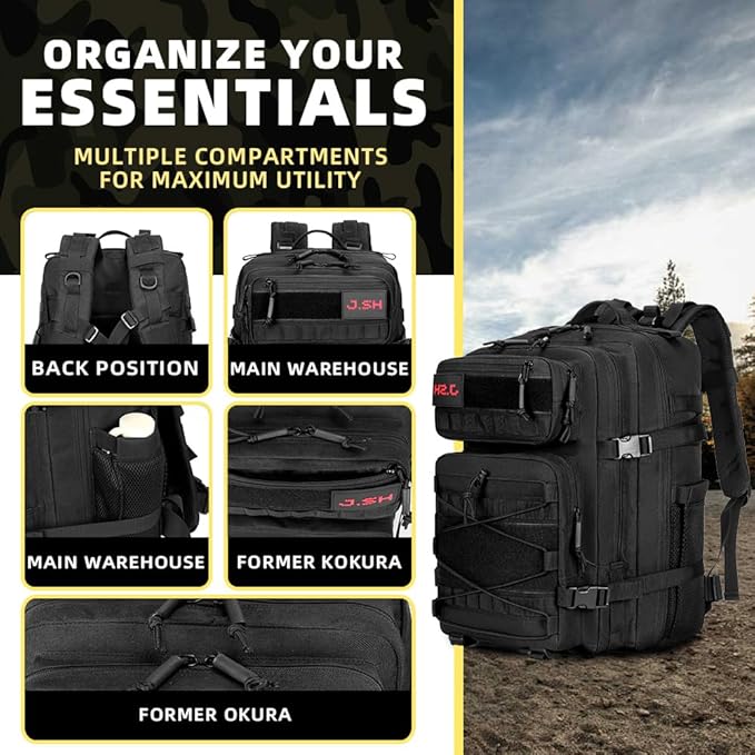 J.SH 45L Large Capacity 3-Day Tactical Backpack, Waterproof & Tear-Resistant, MOLLE System, Adjustable Straps (chest strap and waist strap), Hiking Backpack for Men & Women - Black