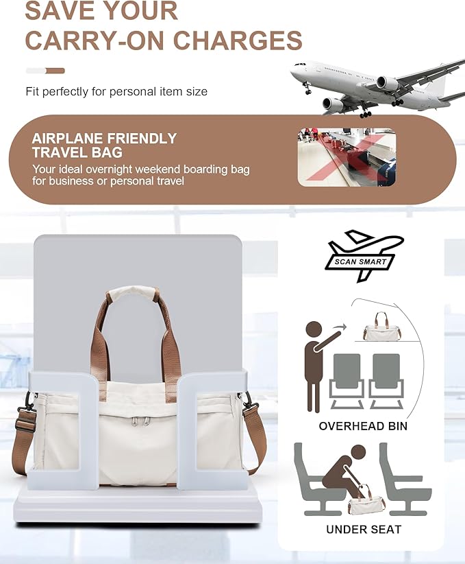 Gym Bag for Women Men with Shoe Compartment, Sport Duffel Bag, Waterproof Travel Weekender Overnight Carry on Bag for Yoga with Trolley Sleeve, Beige Brown