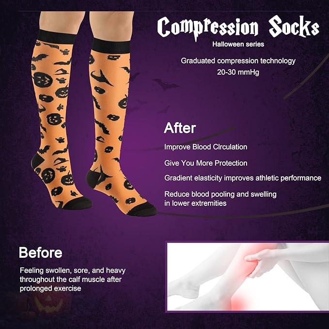 bropite Halloween Compression Socks for Women & Men-Pumpkin Ghost 6 Pairs 20-30mmhg Support Running Nurse Travel