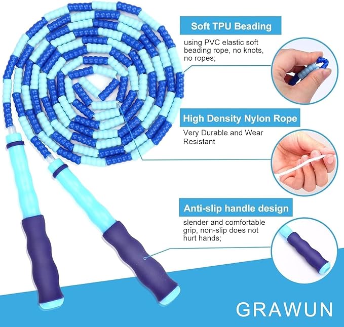 GRAWUN Jump Rope For Kids, Soft Beaded Jump Rope, Adjustable Length Tangle-Free Segmented Soft Beaded Skipping Rope，for Women, Men and Kids Keeping Fit, Workout and Weight Loss