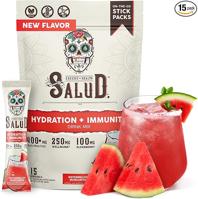 Salud 2-in-1 Hydration and Immunity Electrolytes Powder, Watermelon Margarita - 15 Servings, Agua Fresca Drink Mix, Elderberry, Dairy & Soy Free, Non-GMO, Gluten Free, Vegan, Low Calorie, 1G Sugar