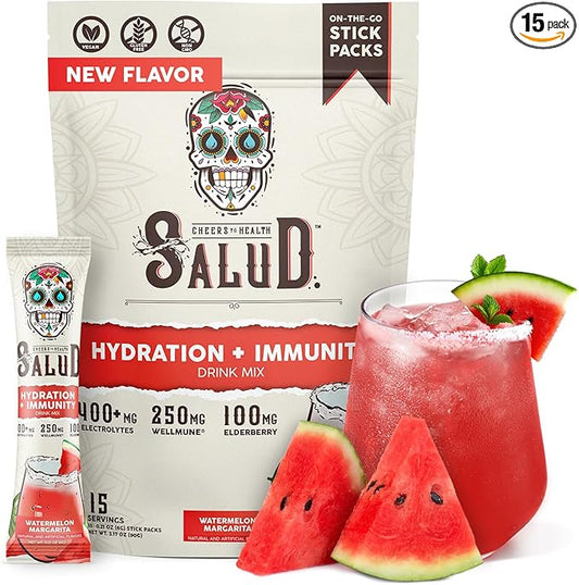 Salud 2-in-1 Hydration and Immunity Electrolytes Powder, Watermelon Margarita - 15 Servings, Agua Fresca Drink Mix, Elderberry, Dairy & Soy Free, Non-GMO, Gluten Free, Vegan, Low Calorie, 1G Sugar