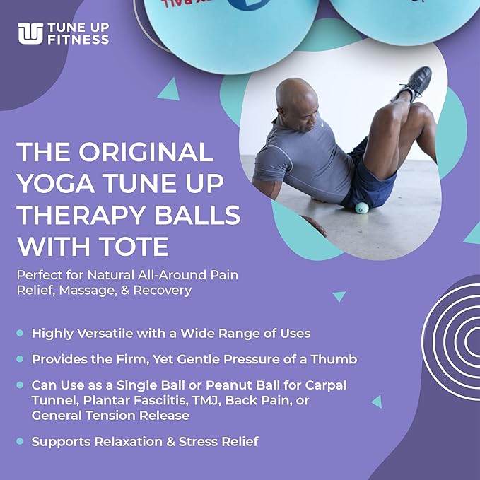 YOGA TUNE UP® Therapy Balls in Tote by Tune Up Fitness - Massage Balls for Trigger Point, Pressure Point & Myofascial Release - Use as Single or Peanut Ball for Pain Relief & Relaxation (Aqua Blue)