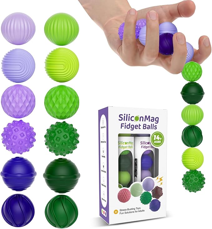 Silicone Magnetic Balls, Fidget Toys, 12-Pack Stress Relief Toys for Adults, Teens, Sensory Toy for Fingers Hands, Quiet Office Desk Toys with Textures, Magnet Fidget Fun Gift (2 Pack(Green+Purple))