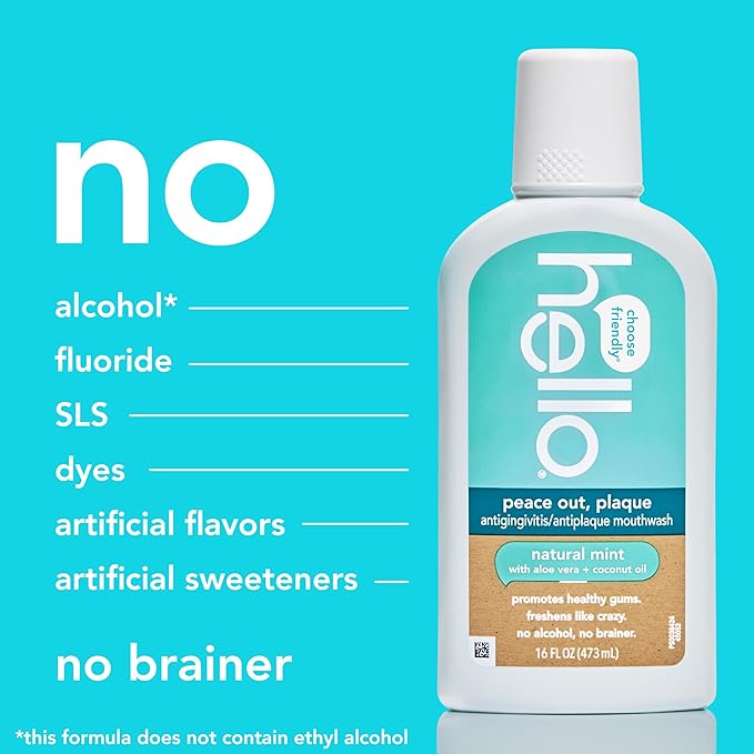 Hello Peace Out Plaque, Antigingivitis Alcohol Free Mouthwash, Natural Mint with Aloe Vera and Coconut Oil, Fluoride Free, Vegan, SLS Free and Gluten Free, 16 Ounce (Pack of 3)