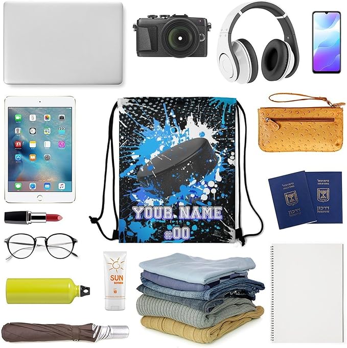 Custom Hockey Drawstring Backpack - Cool Cinch Sack, String Backpacks for Kids Women Men Boys Girls for Gym Outdoor Sports Travel Athletic Drawstring Bag - Lightweight/Foldable