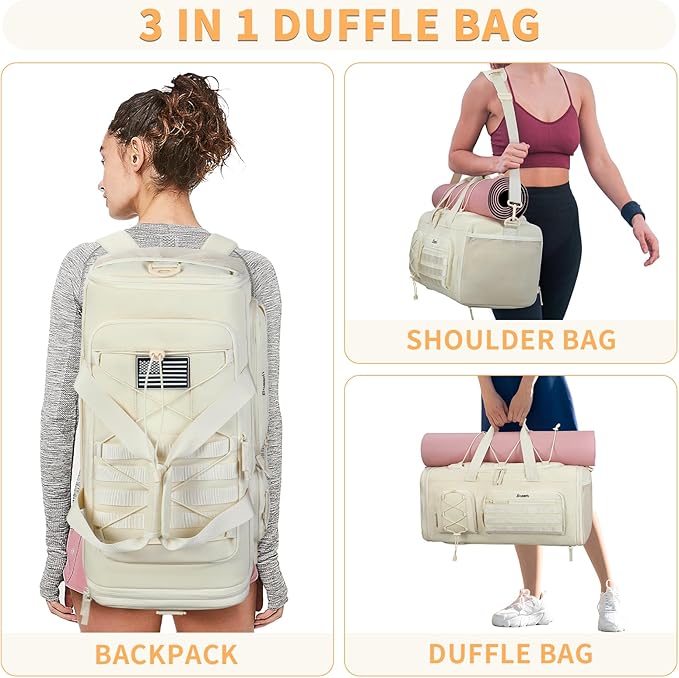 Bosstin Gym Bag for Women & Men, 45L Travel Duffle Sports Duffel Bag Gym Weekender Overnight Backpack with Shoe Compartment (4Beige)