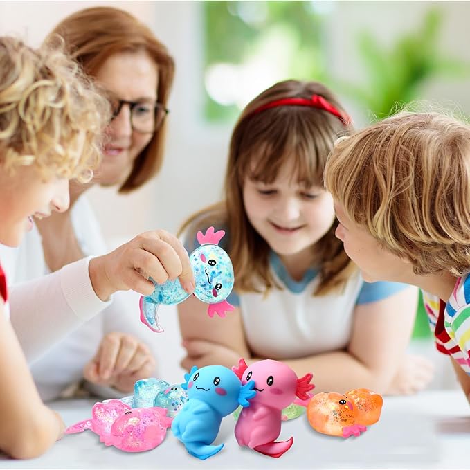 Meooeck 12 Pack Axolotl Stress Relief Toys Glitter Axolotl Starfish Stress Balls Fun Relaxing Squeeze Fidget Toys Relieve Anxiety Squeeze for Birthday Party Goodie Bag Stuffers(Cute)