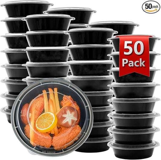Meal Prep Containers Reusable 50 Pack-23 oz Food Storage Containers with Lids To Go Food Containers Takeout, Microwave Dishwasher Freezer Safe, Stackable, BPA Free, Plastic (Black)