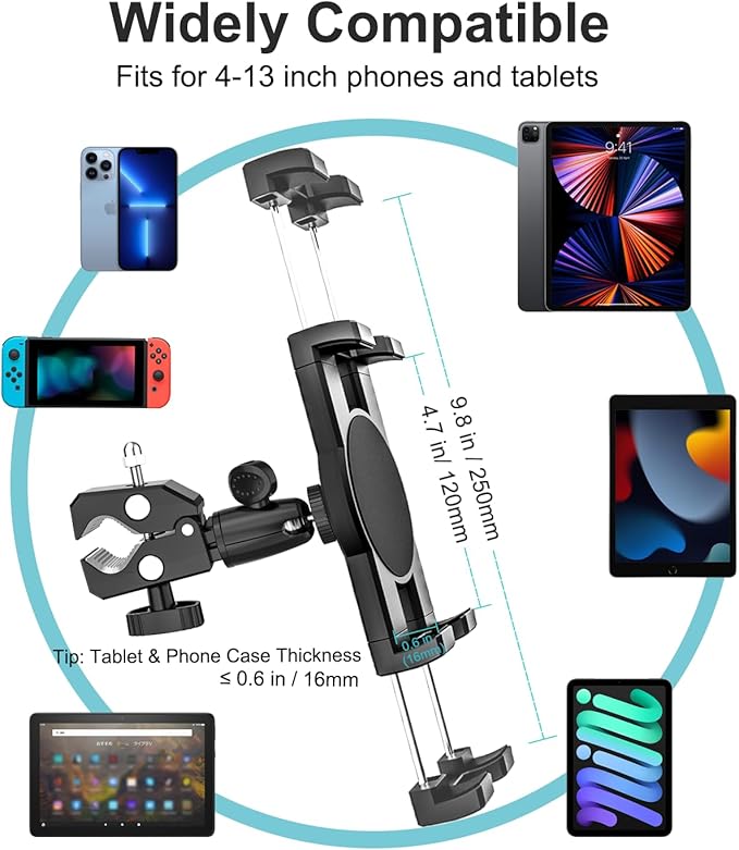 Bike Tablet Holder, Metal Motorcycle Tablet Mount, Anti Shake Handlebar Clamp for iPad Pro 12.9/11/ Air/Mini, Galaxy Tabs, Z Fold, iPhone, Fits 4-13" Tablets, 1/4'' Screw Adapter for Camera