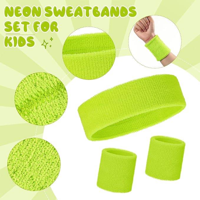 Bememo 36 Pcs Neon Sweatbands Set for Kids Bulk Sports Headband Wristband Set Cotton Terry Basketball Tennis for Students Youth 80s 90s Halloween Costumes Cosplay Glow Party