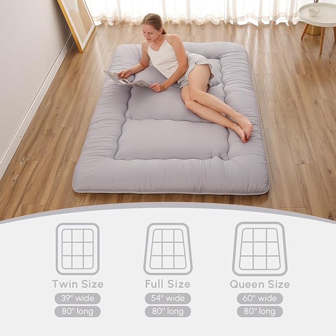 Japanese Floor Mattress, Futon Mattress with Storage Bag and Washable Cover, Roll Up Tatami Mat Suitable for Guest Room, Grey, Queen