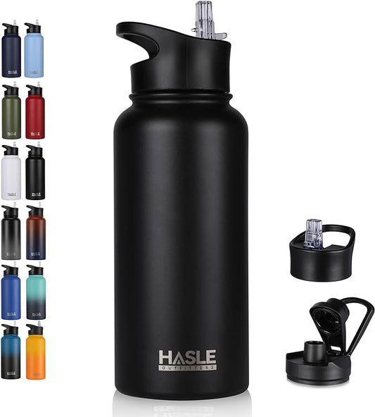 HASLE OUTFITTERS 32 oz Insulated Water Bottle Stainless Steel Double Walled Vacuum Sports Water Bottle with 2 Lids (Straw and Spout Lid) for Gym Camping Hiking(Black,1)