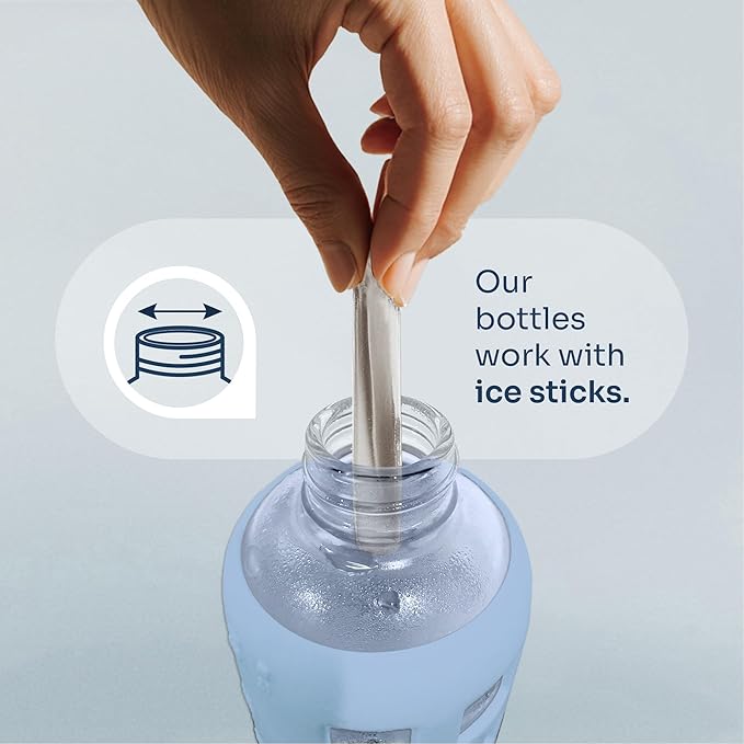 purifyou 40oz / 32oz / 22oz / 12oz Borosilicate Glass Water Bottle with Time & Volume Markers, Silicone Sleeve, Stainless Steel Lid | Reusable Glass Bottle for Water & Juice (32oz Ice Blue)