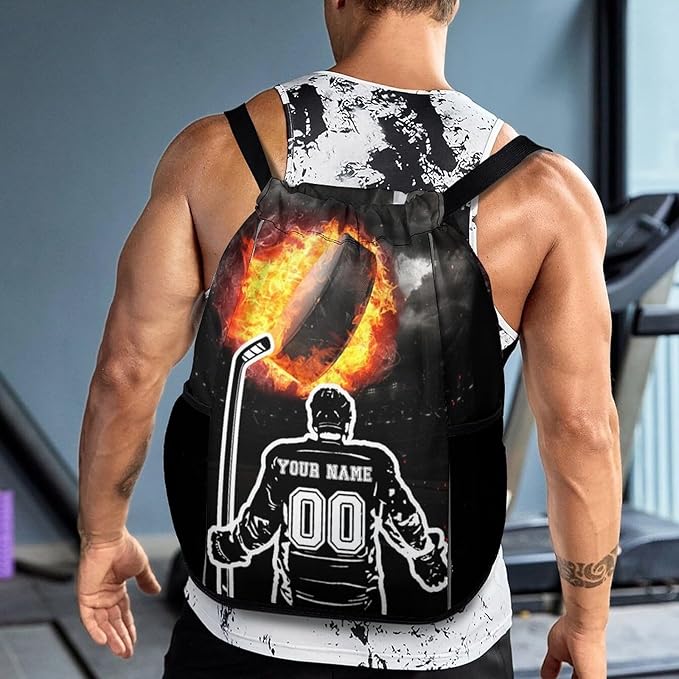 Custom Hockey Drawstring Backpack - Cool Cinch Sack, String Backpacks with Pocket for Kids Women Men Boys Girls for Gym Outdoor Sports Travel Athletic Drawstring Bag - Lightweight/Foldable